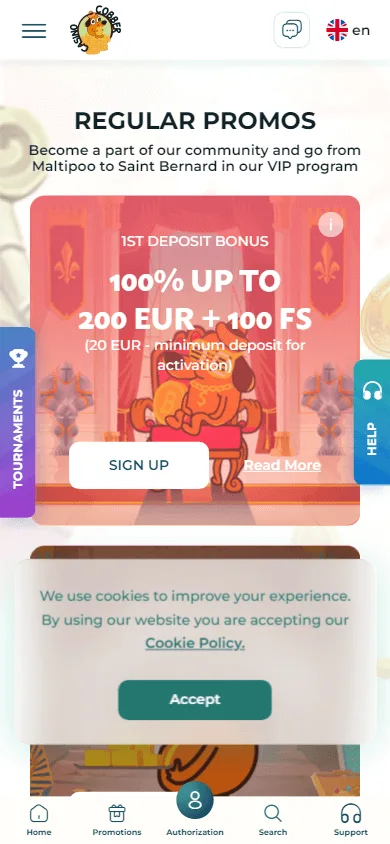 Cobber Casino mobile promotions area with free spins and VIP rewards
