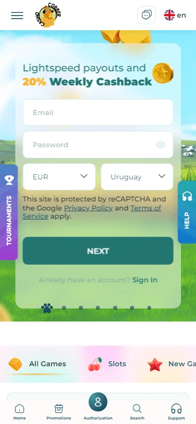 Cobber Casino mobile games lobby with slots and other game categories