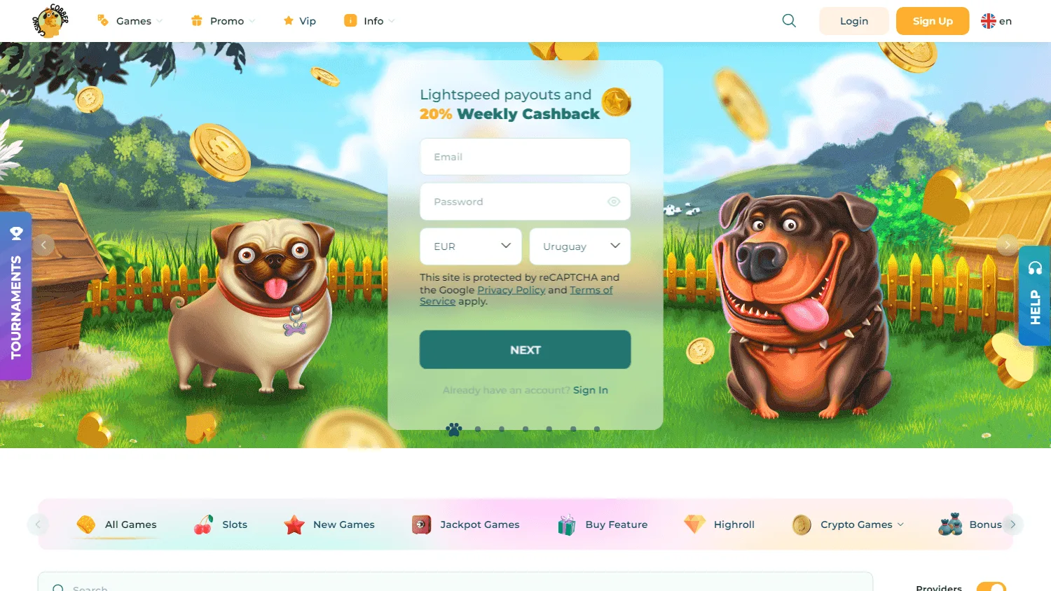 Cobber Casino desktop games lobby with casino categories and titles