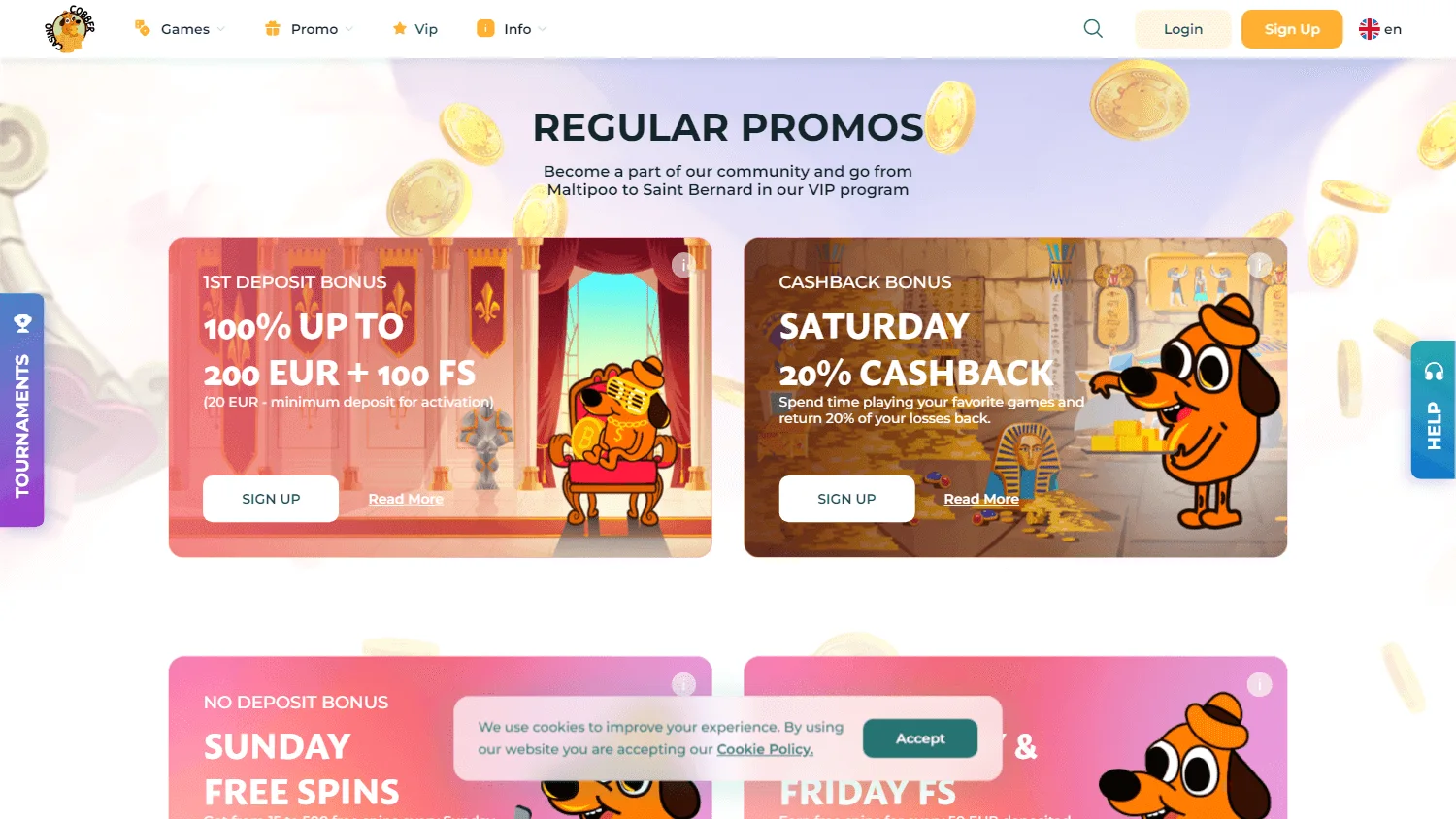 Cobber Casino desktop promotions area with bonuses and VIP rewards