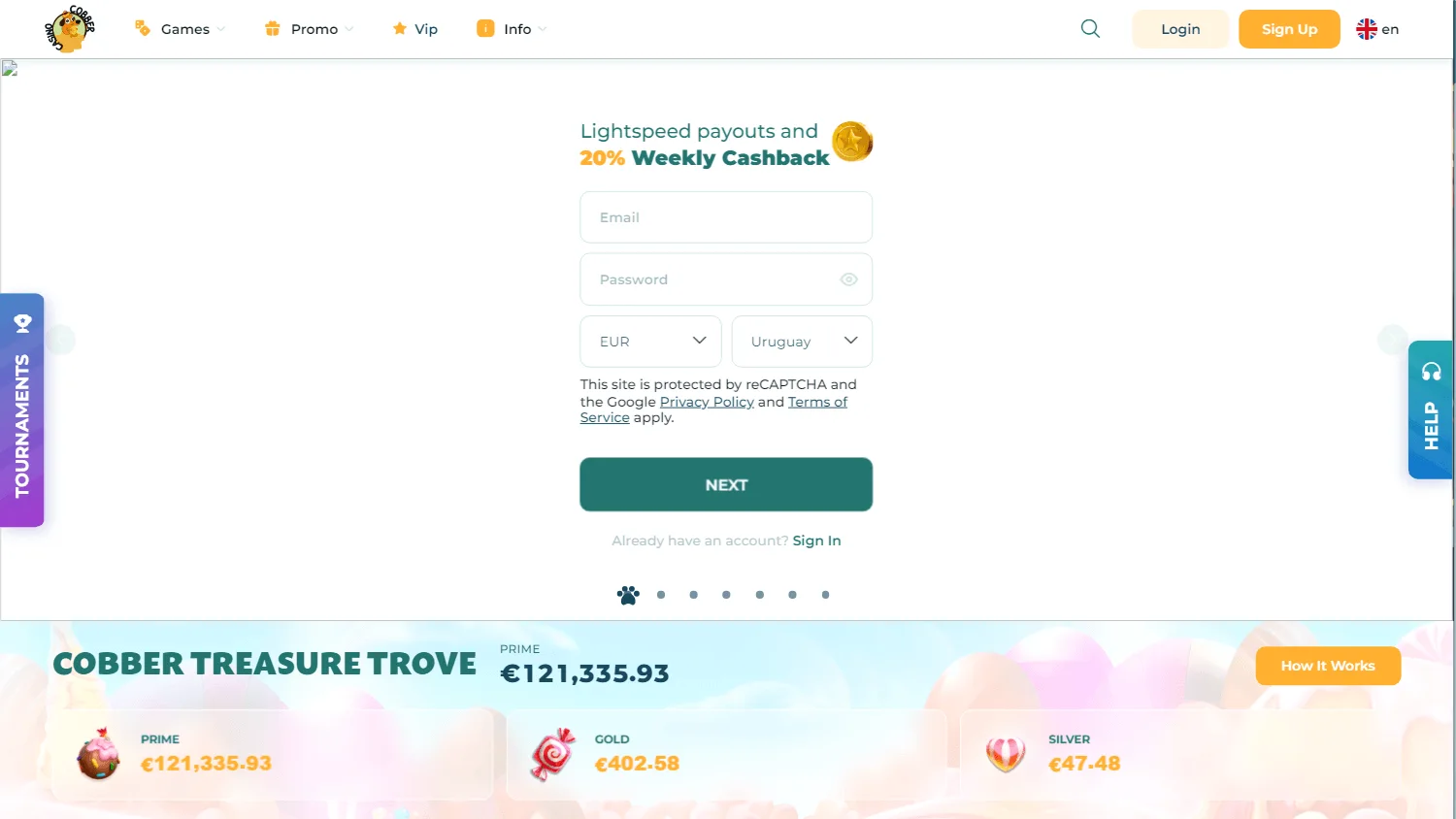 Cobber Casino desktop home with the welcome offer and casino access